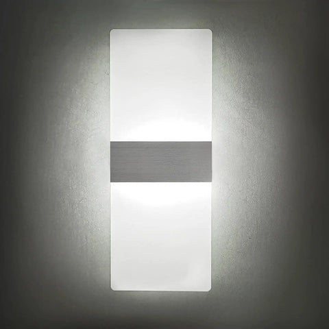 Cool White LED Wall Sconces Two Pack 10W Up Down Lights Hardwired Aluminum And Acrylic Wall Lamps front view on wall