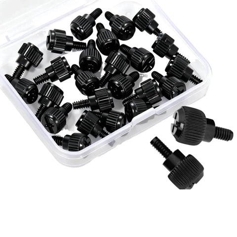 24 Pack Computer Case Thumb Screws 6-32 Thread M3.5x6 Knurled Black Fasteners in a clear box, suitable for DIY PC builds and upgrades.