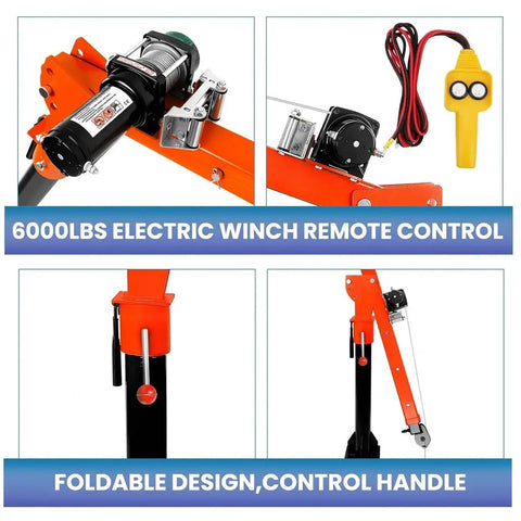 6000lbs Electric Winch with Remote Control and Foldable Design for Heavy Duty Truck Bed Crane with High Powered Electric Winch And Adjustable Alloy Steel Jib For Serious Hauls 360 Swivel 15 Inch Plate Pickup Rig Knuckle Buster Rock Solid Setup Total Bad Ass Performance.