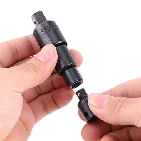 Person holding 4 Piece Socket Adapter Set in Chrome Steel, Heavy Duty Wrench Adapters for Half Inch to Three Eighth Inch and Three Eighth Inch to Quarter Inch, Black Oxide Finish, Versatile Mechanics Tool Kit