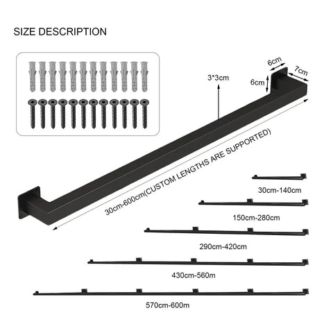 Heavy Hitter Black Wrought Iron Wall Mount Railing Bracket Kit with adjustable size options shown in dimensions.
