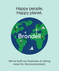 Illustration with a globe featuring 'Brondell' logo, promoting environmental consciousness and happiness with nature icons.