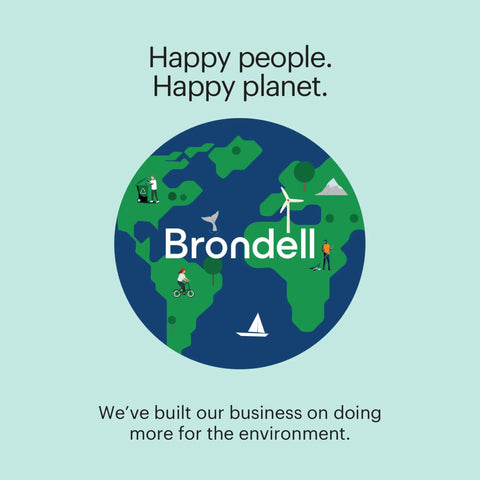 Illustration with a globe featuring 'Brondell' logo, promoting environmental consciousness and happiness with nature icons.