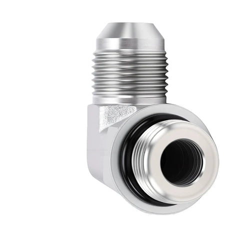 One Half Inch 37 Degree Flare Male To SAE ORB 90 Degree Elbow Connector carbon steel hydraulic fitting, angled view