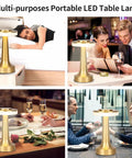 Portable LED Table Lamp With 3-Level Brightness displayed in bedroom and dining settings, showing gold metal and modern design