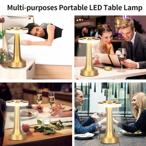 Portable LED Table Lamp With 3-Level Brightness displayed in bedroom and dining settings, showing gold metal and modern design