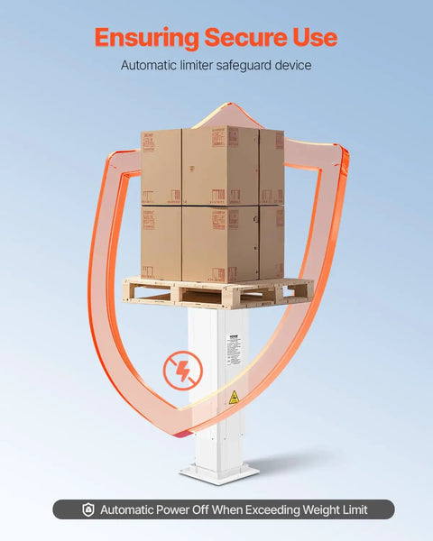 VEVOR Electric Lifting Column System, 176 Lbs Lift Table with boxes, showcasing automatic limiter safeguard feature.