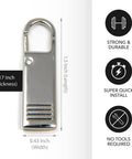 4 Pack Heavy Duty Zipper Pulls Replacement Clips Clip On Tabs Silver For Jackets Coats Luggage Suitcases Backpacks Boots And More Grab And Go Easy Install Zipper Puller Parts with dimensions and durability features shown