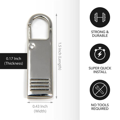 4 Pack Heavy Duty Zipper Pulls Replacement Clips Clip On Tabs Silver For Jackets Coats Luggage Suitcases Backpacks Boots And More Grab And Go Easy Install Zipper Puller Parts with dimensions and durability features shown