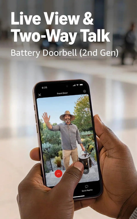 Real Deal Battery Wireless Doorbell Camera Bundle In Speckled Gray Finish With Kickin 2K Hd Video and Retinal 6X Zoom showing live view on smartphone.
