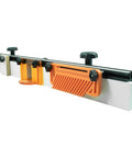 Top Shelf 32 Inch Deluxe Router Table Fence With Rock Solid Aluminum L Backer and Quick Adjust Featherboard shown from the side.