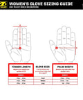 Tough As Nails Pursuit D5 Women's Tactical Gloves For Police And Military size guide, showing finger length and palm width.
