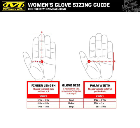 Tough As Nails Pursuit D5 Women's Tactical Gloves For Police And Military size guide, showing finger length and palm width.
