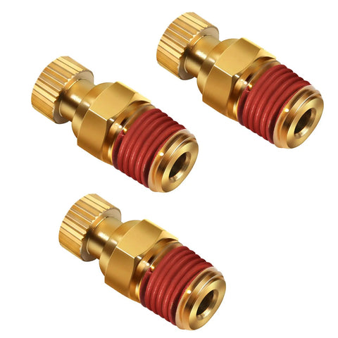 Three Pack Brass Air Tank Drain Cocks With Knurled Ends And Thumb Screw Handles, One Quarter Inch NPT Male Replacement Valves