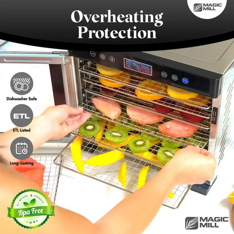 Dope 11 Tray Food Dehydrator With Adjustable Timer And Temperature Control showcasing fruits on stainless steel trays