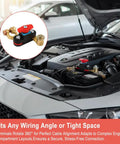 Super Cool Smart Battery Cut-Off Switch For 12v-To-24v Cars And Trucks Plus Boats featuring pure copper terminals in an engine bay.