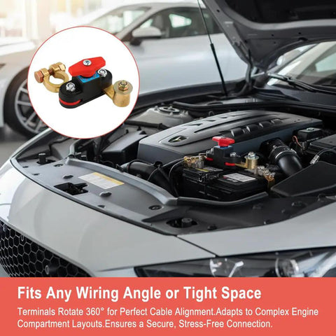 Super Cool Smart Battery Cut-Off Switch For 12v-To-24v Cars And Trucks Plus Boats featuring pure copper terminals in an engine bay.