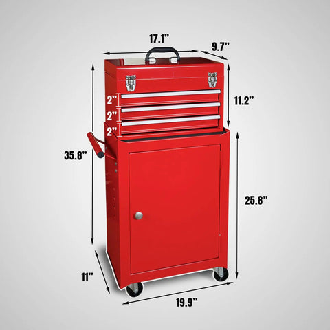 Rolling Garage Tool Organizer With Detachable 3 Drawer Chest And Large Storage Cabinet Adjustable Shelves Red Steel Build