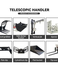Different attachments for Badass Heavy Duty Telehandler And Telescopic Forklift for job sites and farms including buckets and clips.
