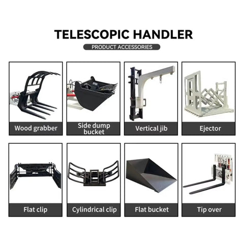Different attachments for Badass Heavy Duty Telehandler And Telescopic Forklift for job sites and farms including buckets and clips.