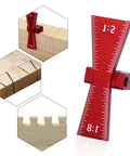 Top Shelf Dovetail Marking Jig And Mortise Layout Gauge For Hand Tool Woodworking Projects showing red aluminum gauge on wood.