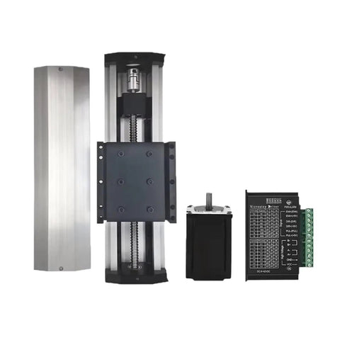Built Tough Nema 23 Linear Actuator Stage With Fully Enclosed Ball Screw And Aluminum Sliding Table showing components and motor.