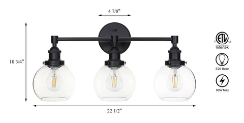 Three Light Industrial Black Vanity Light With Glass Shades For Bathroom And Kitchen Modern Wall Mount Vanity Fixture In Matte Black Finish Dope Rustic Farmhouse And Industrial Decor XB W1256 3 MB shown with dimensions