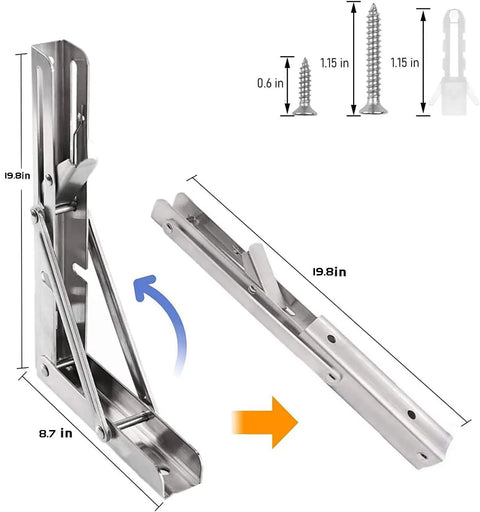 Heavy Duty Stainless Steel Folding Shelf Brackets Rock Solid Collapsible Wall Mounts shown at an angle with dimensions.