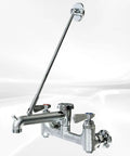 NSF Wall-Mounted Mop Sink Faucet, 8" Adjustable Centers, 6-1/2" Spout, Heavy Cast Spout with Pail Hook, BXF-S001 in chrome finish.