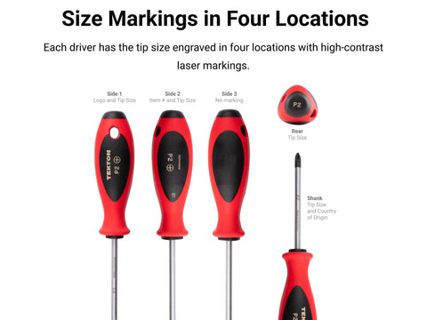 Four 14 mm Slotted Screwdrivers With 4 Inch Shank Ergonomic Round Front Handle And Tri Lobed Grip, size markings shown