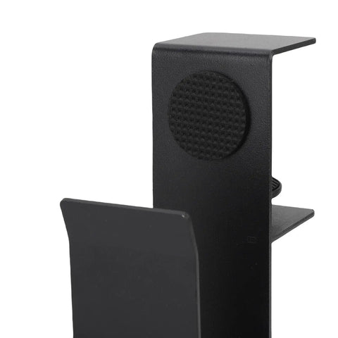 Close-up of Adjustable Side Laptop Mount That Clamps Straight Up To Your Desk detailing its durable black metal design.