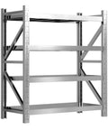 Rock Solid Heavy Duty Garage Shelving Four Tier Commercial Steel Storage Rack Industrial Grade Metal Organizer for Home Pantry Kitchen and Workshop in silver finish.