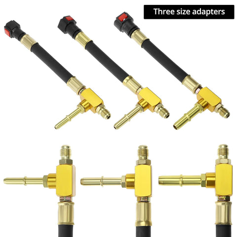 QWORK universal fuel pressure test kit with three size brass adapters and black hoses.