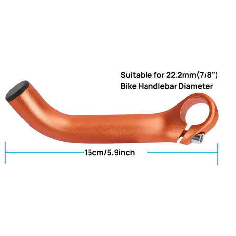 Orange Aluminum MTB Bar Ends For Mountain Bikes, Lightweight 6061 T6 Handlebar Extenders, ergonomic bend shown with size label.