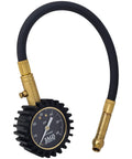 Front view of JACO ElitePro 60 PSI tire pressure gauge with black gear-shaped housing, brass fittings and hose.