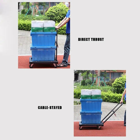 Heavy Duty Foldable Cargo Wagon With Smooth As Butter Rollers No Sweat Push Pull Flatbed Cart transporting two blue containers outdoors.