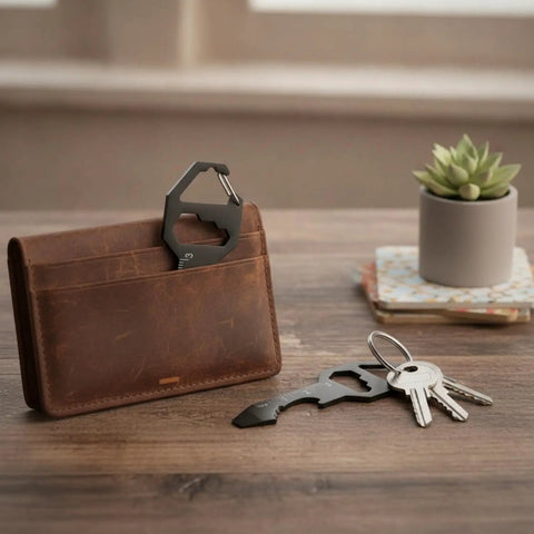 Ultra Slim Metal Credit Card Multitool With Bottle Opener And Hex Key for wallet or keychain next to leather wallet and keys