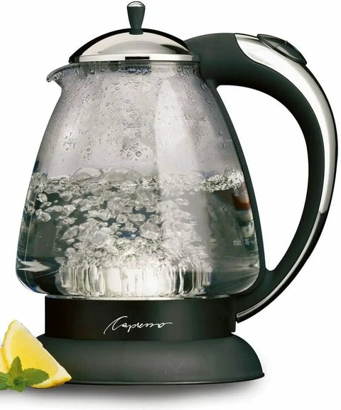 Top Notch 230V Water Kettle With Stainless Steel Dome Heater, DURAN Glass, Boil Dry Safety, Polished Chrome Finish, Fast Boil Tech