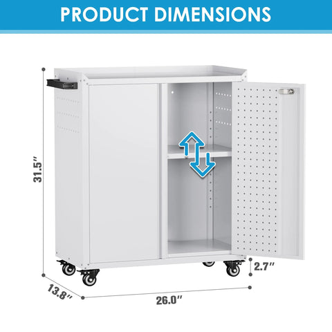 Heavy Duty Metal Garage Cabinet On Wheels With Pegboard And Locking Doors, Adjustable Shelves, Four Hooks, 120 Lb Per Shelf Capacity, Ideal For Garage, Home Or Workshop, White Finish, showing dimensions and interior