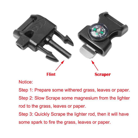 Twelve Piece Survival Paracord Bracelet Kit With Compass Flint Fire Starter Whistle Buckle And Plastic Paracord detail view.