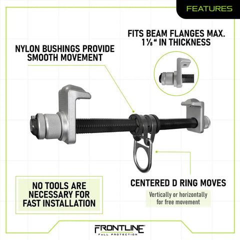 Lightweight Aluminum I Beam Slider Anchor for Easy Fall Protection No Tools Install, featuring nylon bushings and D-ring movement.