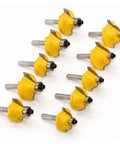 Rock Solid Fifty Piece Router Bit Set Featuring Quarter Inch Shank includes yellow trimming cutters for CNC woodworking.