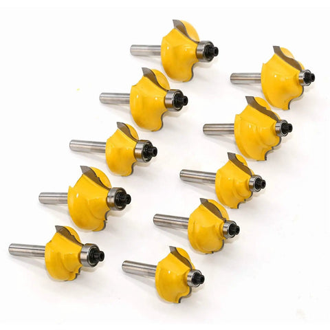 Rock Solid Fifty Piece Router Bit Set Featuring Quarter Inch Shank includes yellow trimming cutters for CNC woodworking.
