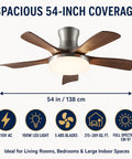 MADISH Modern Walnut 54 Inch Ceiling Fan With Light, showing 5 ABS wood grain blades and 100W LED light, for large room use.