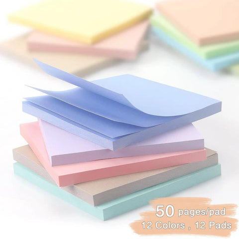 Stack of Pastel Sticky Notes 3 By 3 Inch 12 Pack With 50 Sheets Per Pad for office organization displayed with soft colors.