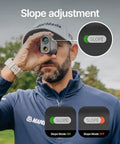 Golfer using 2S Pro Golf Range Finder With Slope And Pin Finder, Measure From Cart On The Fly Up To 1093 Yards, Magnetic Mount, Flag Pole Lock