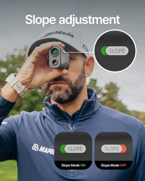 Golfer using 2S Pro Golf Range Finder With Slope And Pin Finder, Measure From Cart On The Fly Up To 1093 Yards, Magnetic Mount, Flag Pole Lock