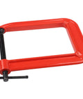 Massive 110mm Jaw G Clamp With Deep Throat For Welding And Woodworking Projects Made From Durable Cast Iron Rust Resistant Orange Finish Heavy Duty C-Clamp For Gluing And Assembly Tasks No Sweat Guarantee - Side view of the clamp showcasing its red-colored body and threaded screw.