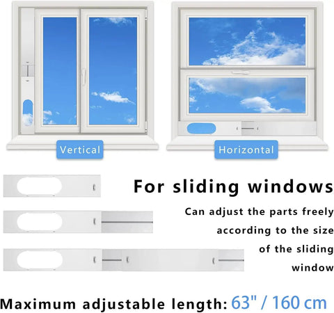 Portable Window AC Kit With Flexible Hose And Adjustable Seal For Vertical Or Horizontal Windows 5.9 Inch Diameter 59 Inch Length Keeps Your Room Cool Saves On Energy Bills Reusable PVC Window Seal for sliding windows illustration.