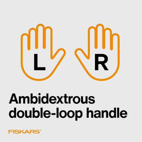 Illustration of ambidextrous double-loop handle feature of Premier No 5 Micro Tip Orange Handled Fabric Scissors